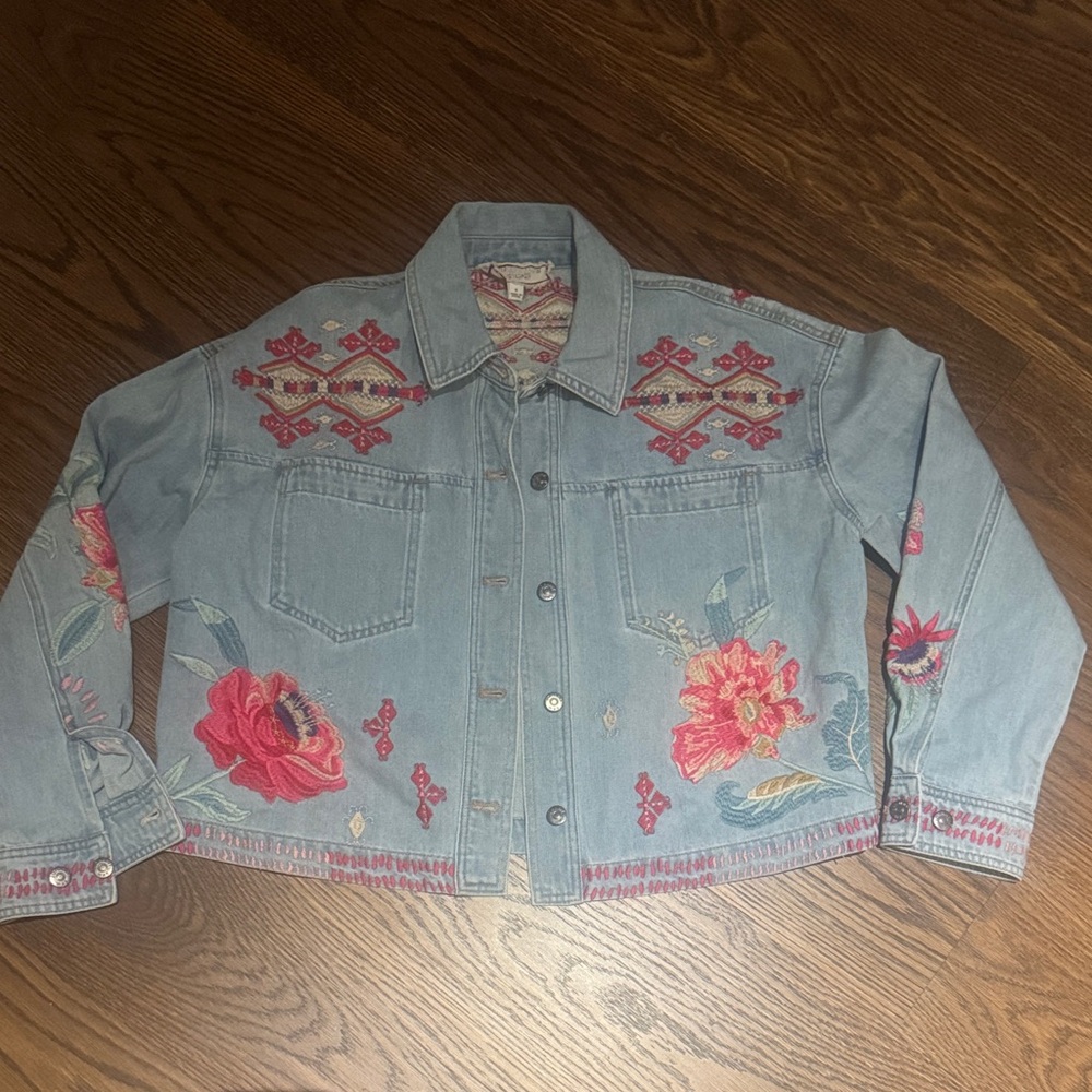 Johnny Was Blue Denim Jacket with Red Embroidery
